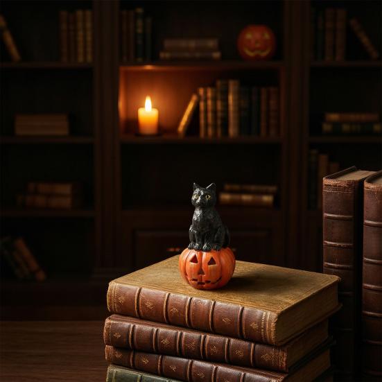 Black Cat Pumpkin Figurine, Resin Halloween Desktop Ornament, Cute Dark Fun Style Decoration for Home Windows Office Party