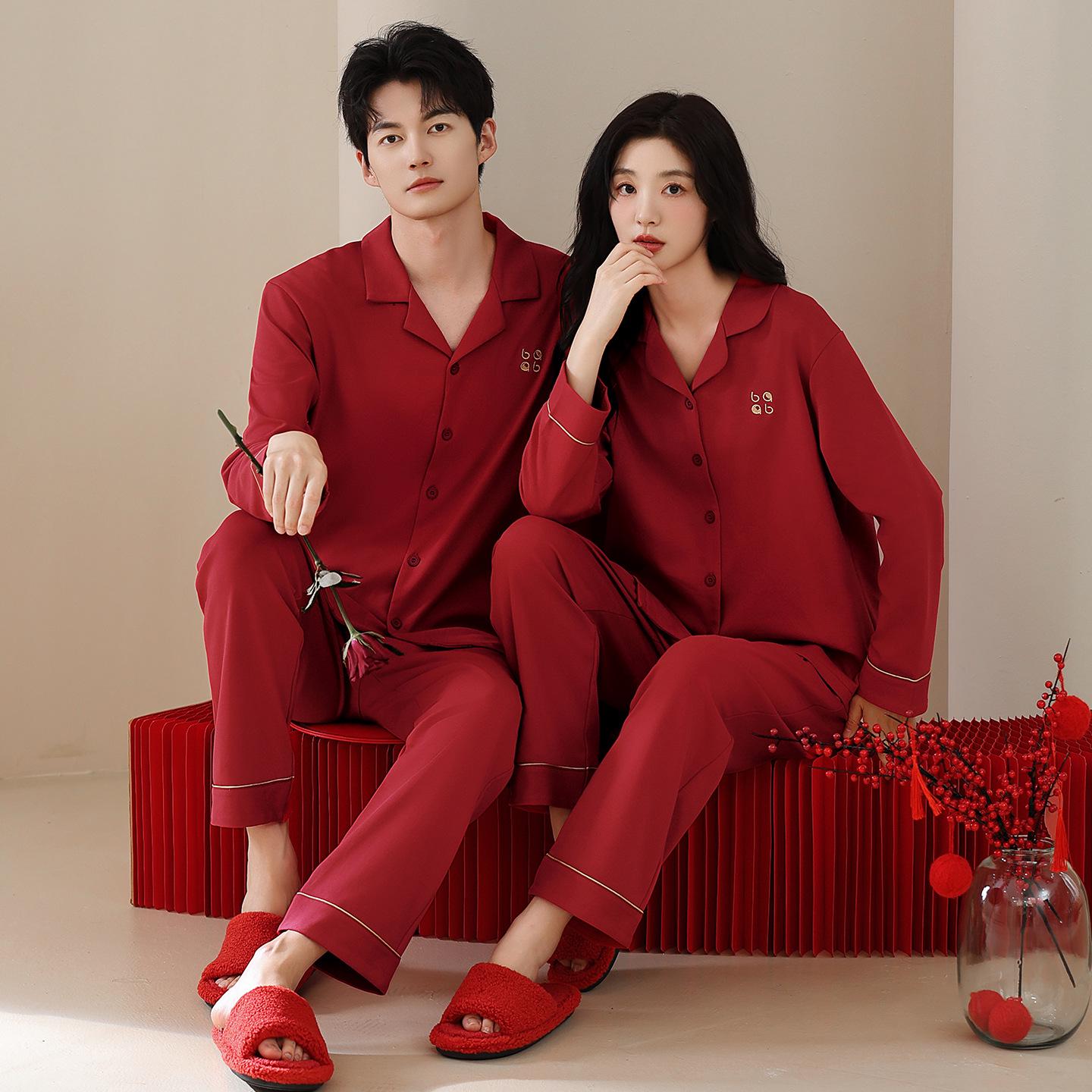 

Unisex Wedding Couple Pajamas: Festive Red Pure Cotton Cardigan Set for Spring and Autumn Women s M (recommended 80-100 jin) вина червоного кольору