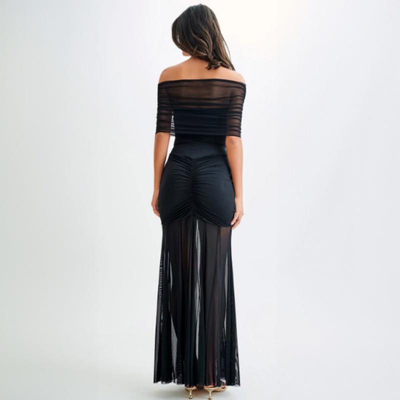 2024 Autumn Strapless Ruched Mesh Two-Piece Dress Set for Women