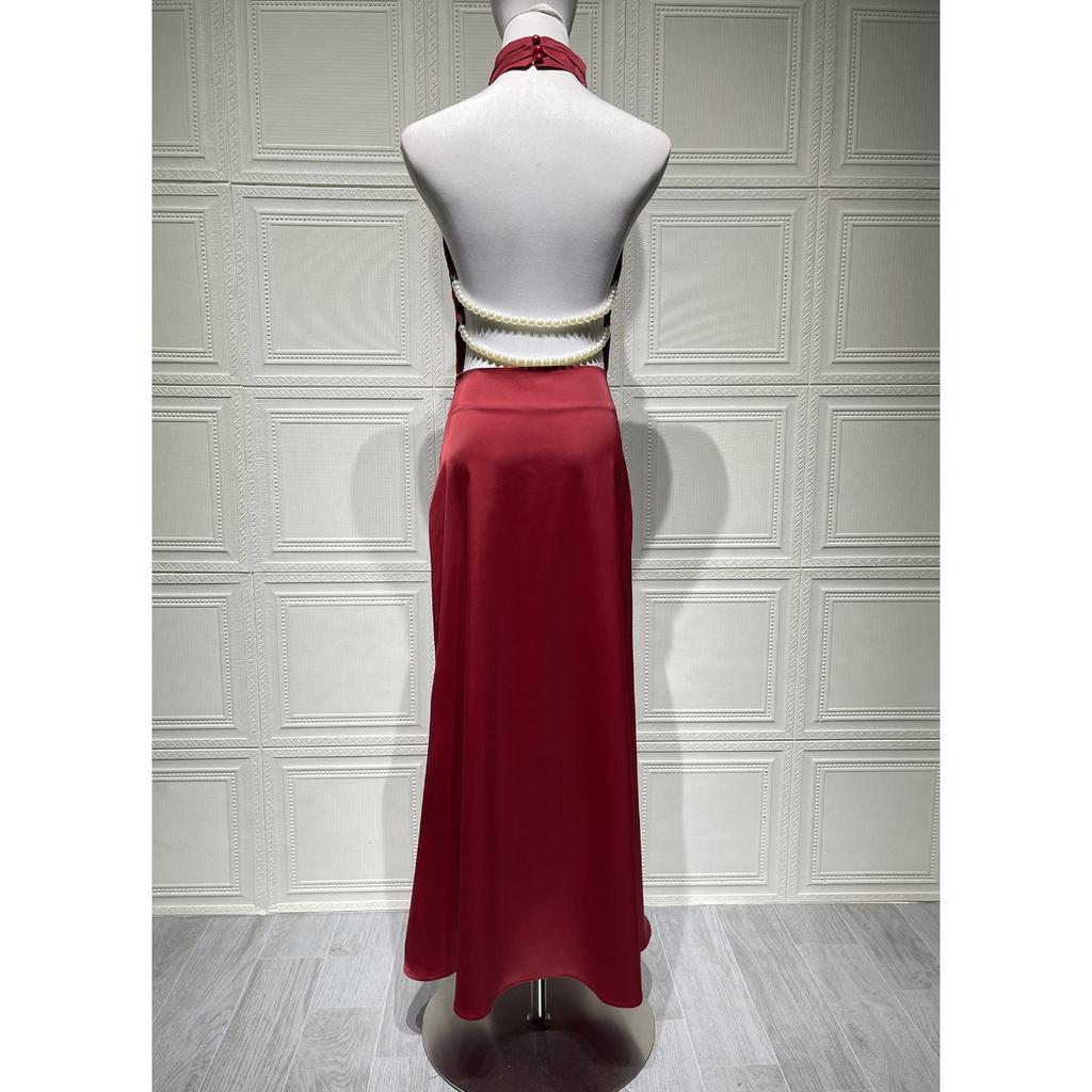 Summer New Satin Halter Dress Women's Sexy V-neck Backless Slim Fit Long Maxi Dress European American Crossbody Women's Clothing