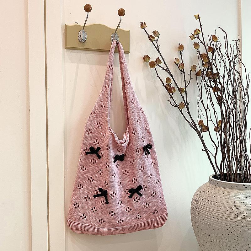 Aesthetic Knitted Bag Women Hollow Out Crochet Bow Handbag Large Capacity Handmade Tote Bag Summer Beach Woven Shoulder Bag