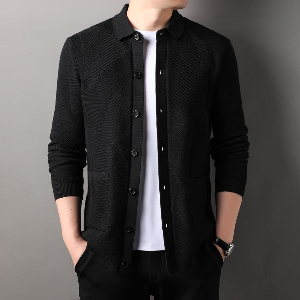 Autumn Men's Fashion Solid Color Lapel Jacquard Knitted Cardigan Jacket