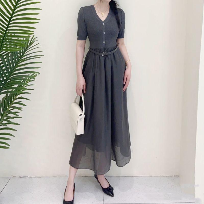 

In Stock Same Style with Mall 2024 Autumn New Arrival Elegant Stitching Short Sleeve Knitting Dress Female 292181 Cloud Ash S