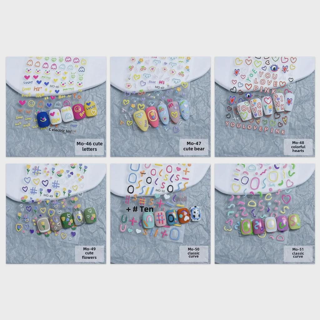 Adesivos de Nail Art Estilo Dopamina: Letras em relevo, números e designs fofos