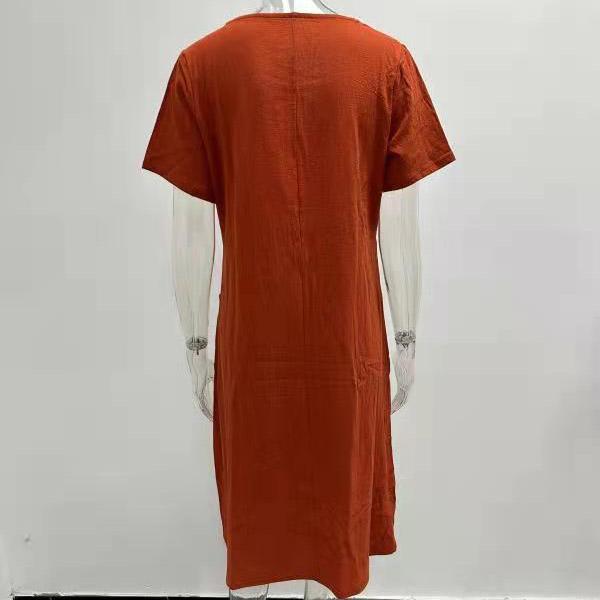 Vestidos de lino de algodón de verano para mujer Vestido de manga corta con cuello redondo suelto liso