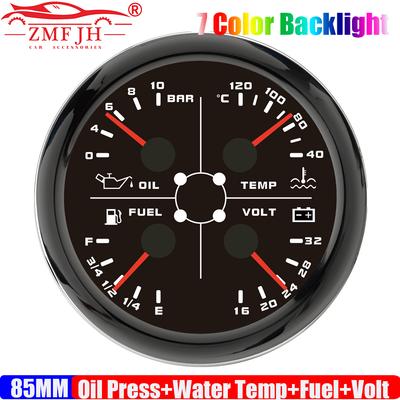 ZMFJH Waterproof IP67 85MM Multi-Meter Car 4 IN1 Oil Pressure+Water Temperature+Fuel Level Gauge+Voltage 18-32V 7 Color Light