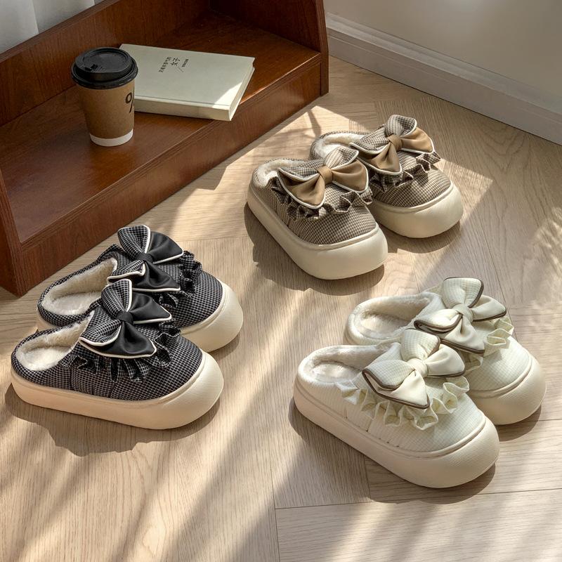 Retro Grid Bow Cotton Slippers Autumn and Winter Home Cute Less Heart Indoor Winter Warm Cotton Mop