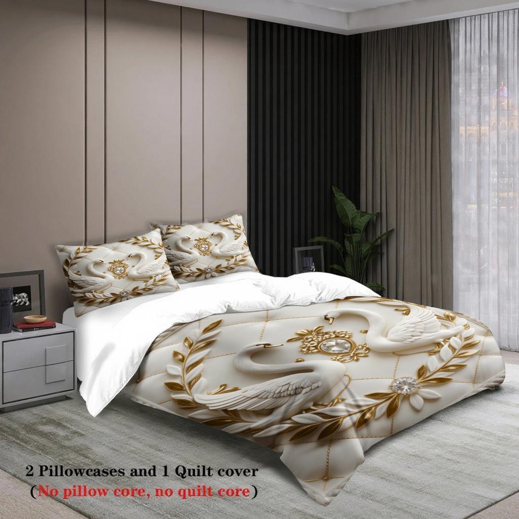 Elegant Swan Embroidered Bedding Set White Gold Swans And Leaves Pattern Royal Bedding With Duvet Cover Pillowcases For Bedroom