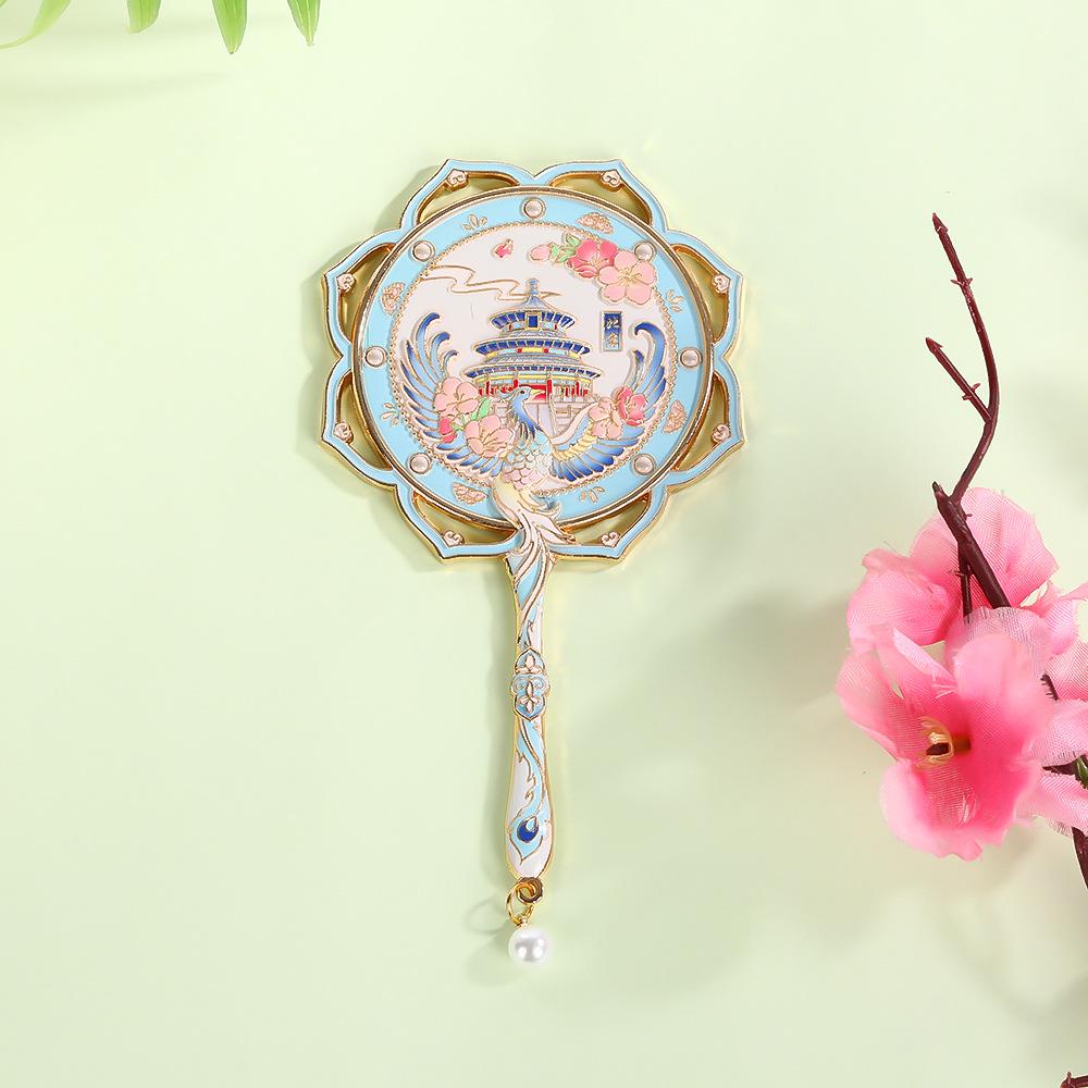 Lotus Handle Makeup Mirror with Temple of Heaven Pearl Pendant - Portable Cultural Style Mirror