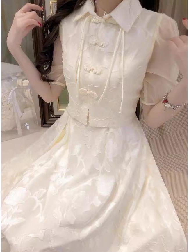 Elegant Summer 2024 Women's Two-Piece: Chinese Style Cheongsam Skirt & Camisole Dress with Frog Button Top