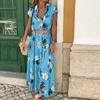Women's Bohemian Retro Ethnic Printed Resort  V-neck Tie Button Long Dress