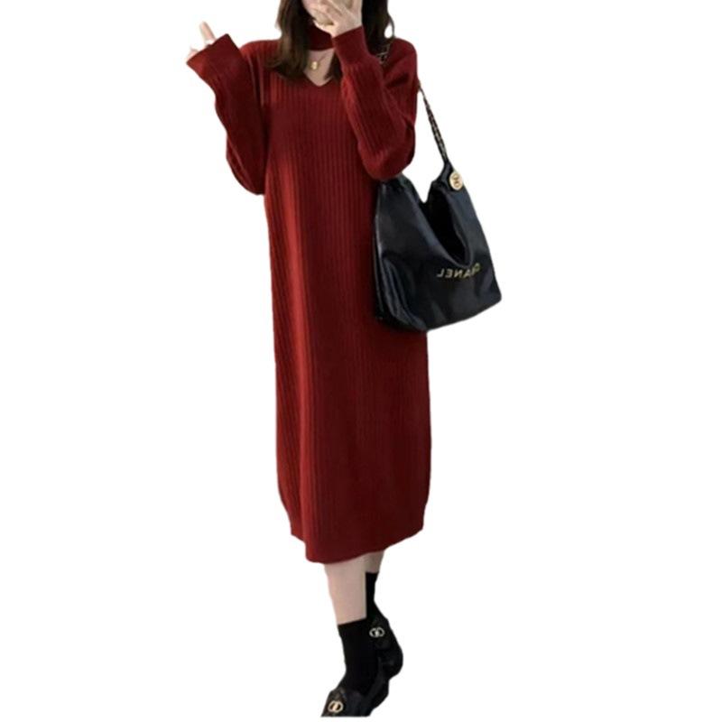 Autumn and winter soft waxy sweater skirt medium and long neck design loose and thin inside bottom knitted dress women