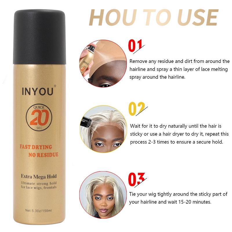 INYOU Lace Spray: Quick-Drying Glue for Easy Wig Edge Attachment.