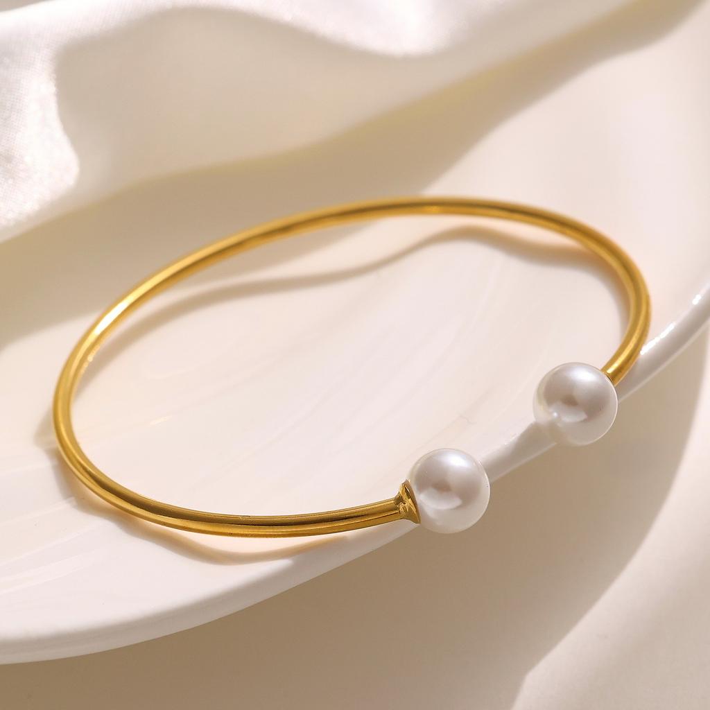 Elegant Double Pearl Titanium Steel Open Bracelet 18K Gold Plated Waterproof Cuff Bangle Jewelry for Women Sister Mother Gift
