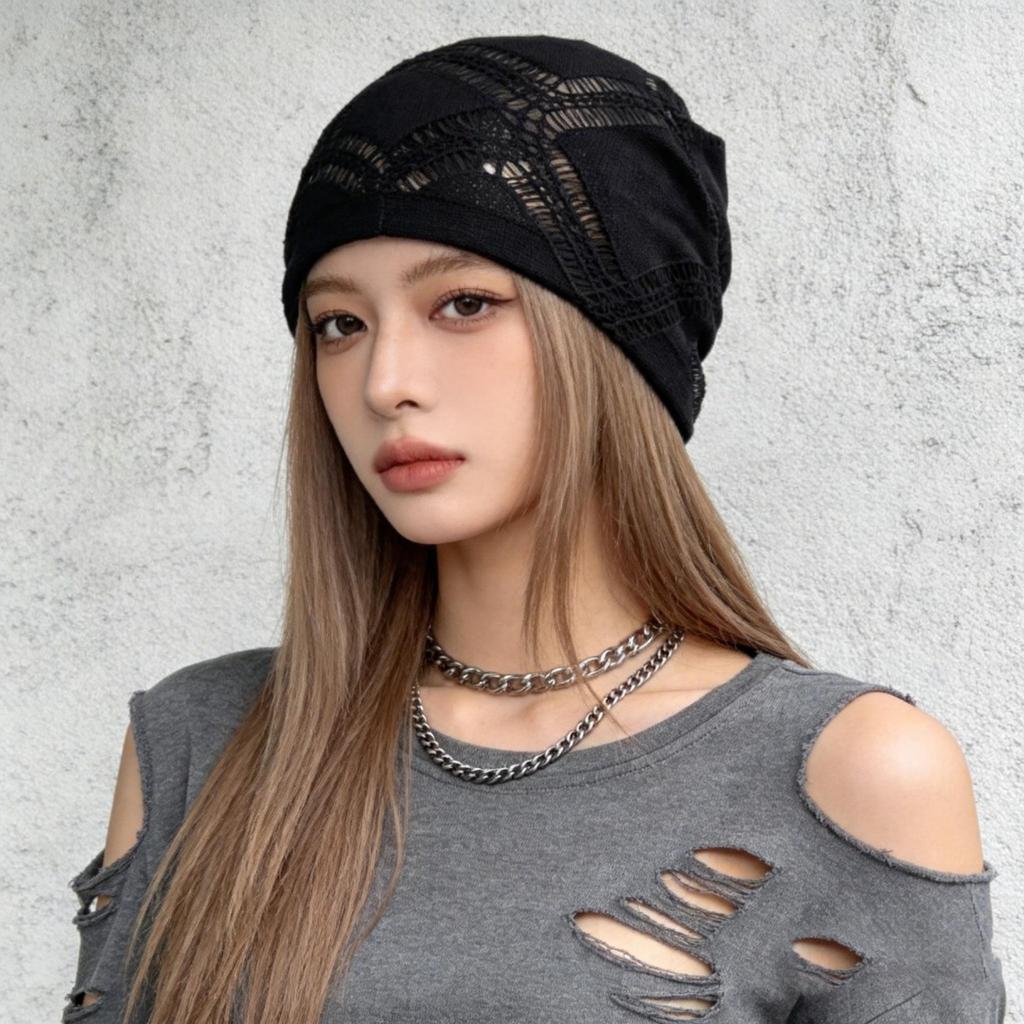 Crochet hollow black cold hat women's big head circumference stacking hat thin hat knitted headgear yk pullover hat~
