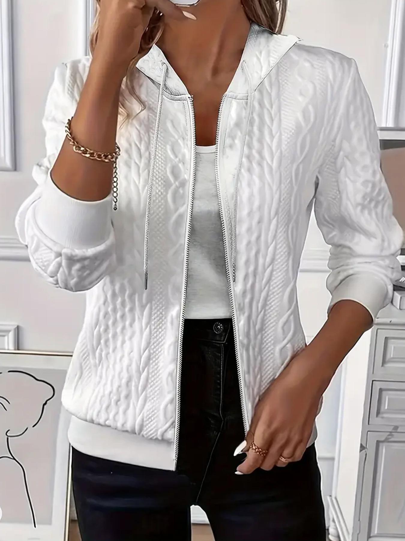 

2025 Women s Solid Color Long Sleeve Knitted Hooded Zip-Up Jacket M