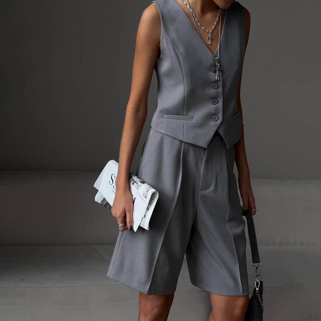 Conjunto Feminino de Duas Peças: Colete, Camisa Sem Mangas, Shorts de Cintura Alta com Cordão, Tamanho Grande, Conjuntos de Moda