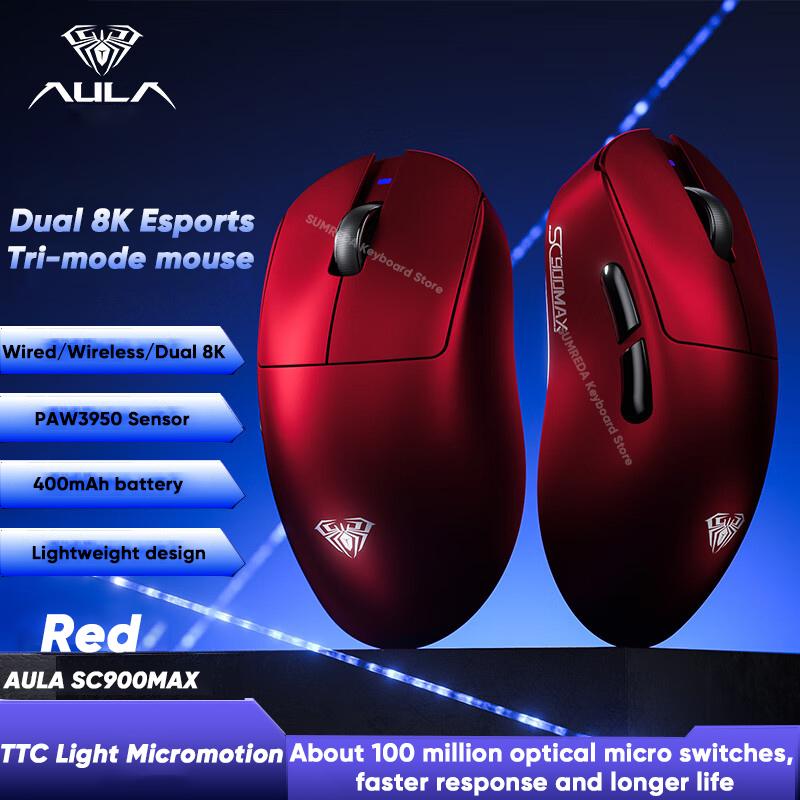 NEW AULA SC900 Tri-mode Gaming Mouse PAW3950 8K 3395 Office E-sports 2.4G Dual Lightweight Ergonomic PC Gaming Accessory