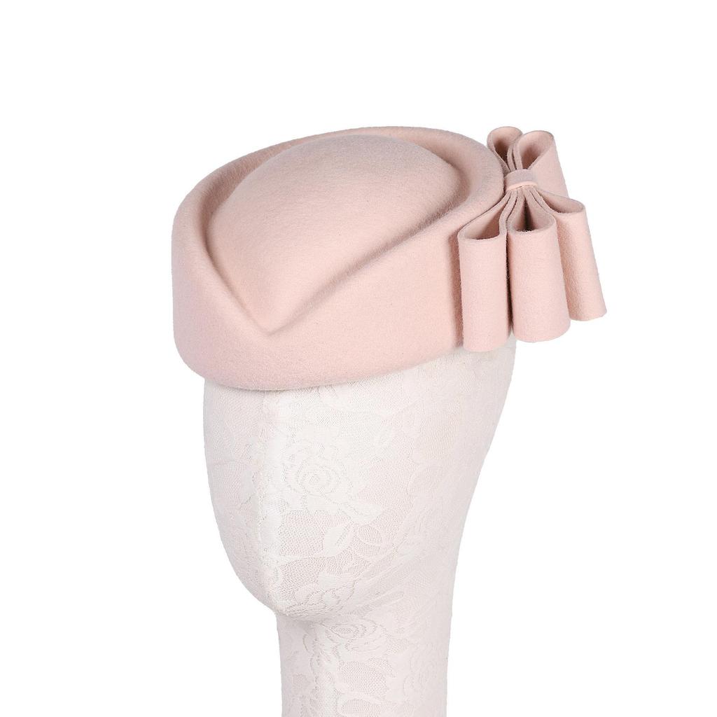 Vintage Wool Pillbox Hat with Bow, Light Pink, Formal Church Wedding Fascinator, Women's Special Occasion Headwear