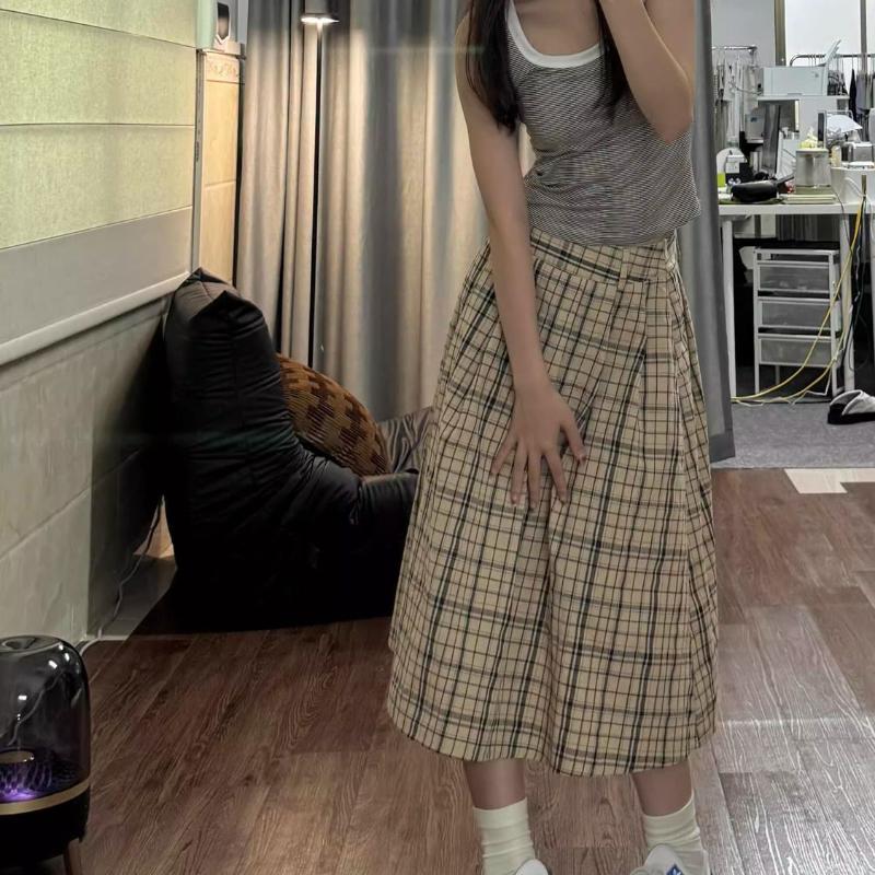 Women's Summer Plaid High-Waist A-Line Midi Skirt - College Preppy Style Versatile Checkered Trendy Skirt
