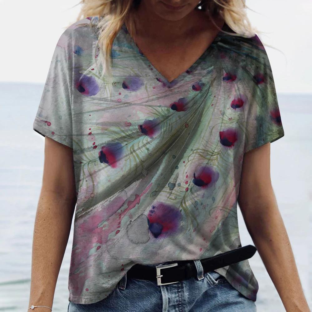 Summer V Neck Women T-Shirts Peacock Feather Graphic Fashion Short Sleeve Harajuku Y2k Top Oversized Casual Female T Shirt