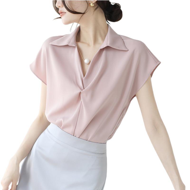 Camicia da donna estiva 2025 in stile francese a maniche corte con design a catena di perle ritorte