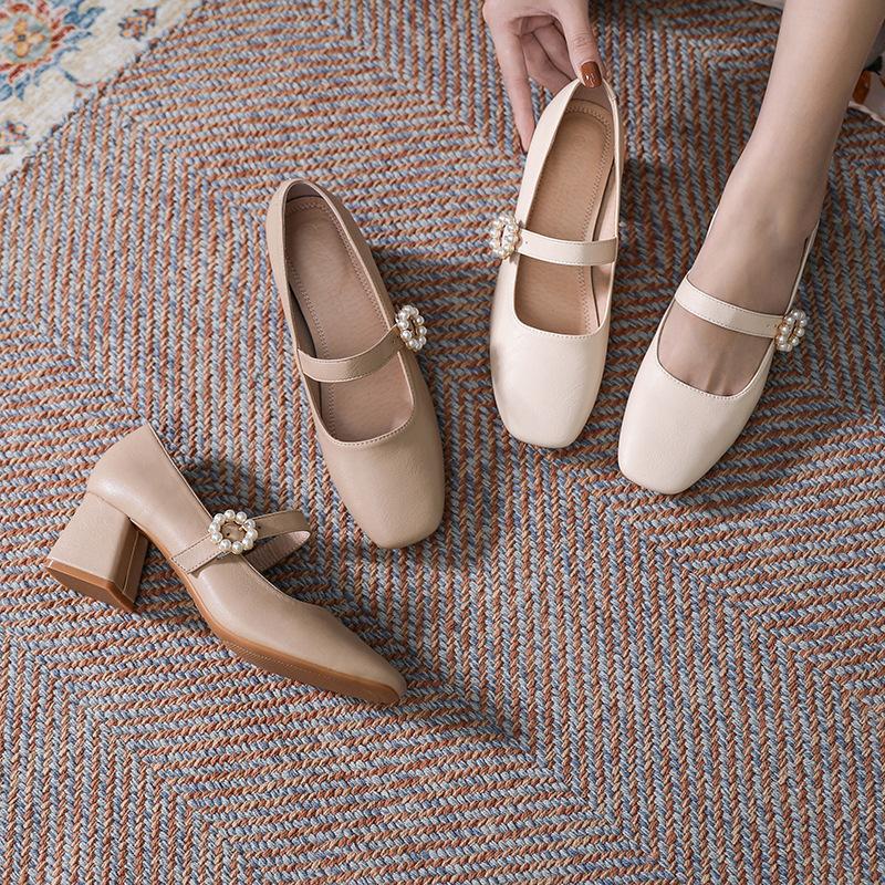 Pearl single shoes women's spring gentle high school thick heel retro shallow mouth Mary Jane