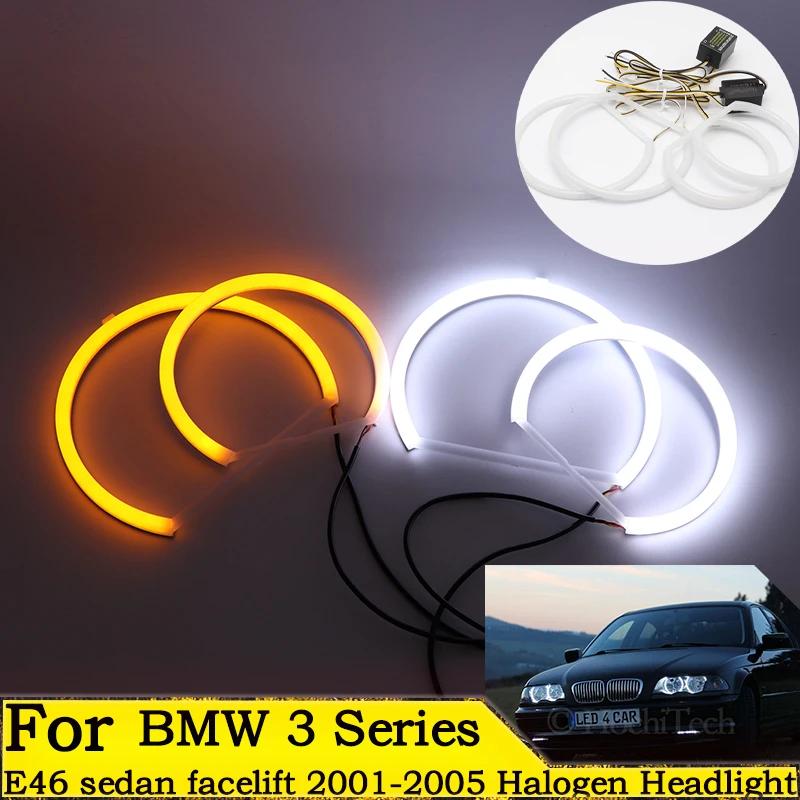 Kit 4x131mm LED Angel Eye Halo Ringuri Dublu Filament SMD Bumbac Comutator Pentru BMW Seria 3 E46 sedan facelift 2001-2005 Far Halogen