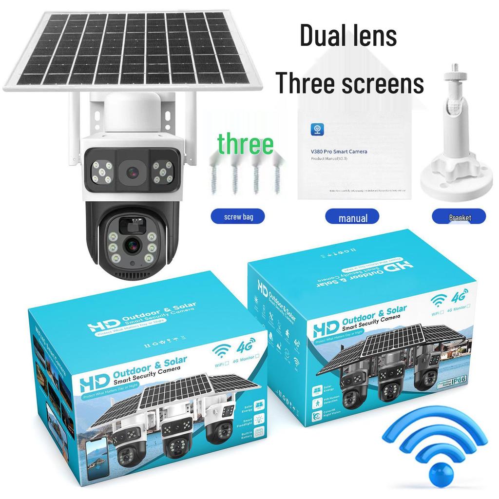 V380 4G Solar Camera with Dual-View, Triple-Lens, 10x Zoom, Low-Power, Wireless Bullet Ball Monitor