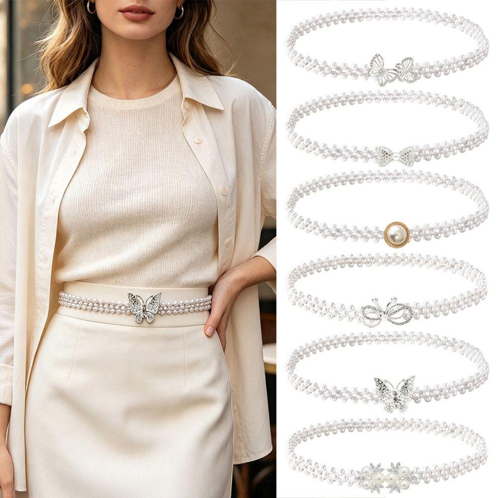 Stretch Elastic Band Pearl Waist Chain Pearl Beads Elastic Waistband Rhinestone Decor Strap Party