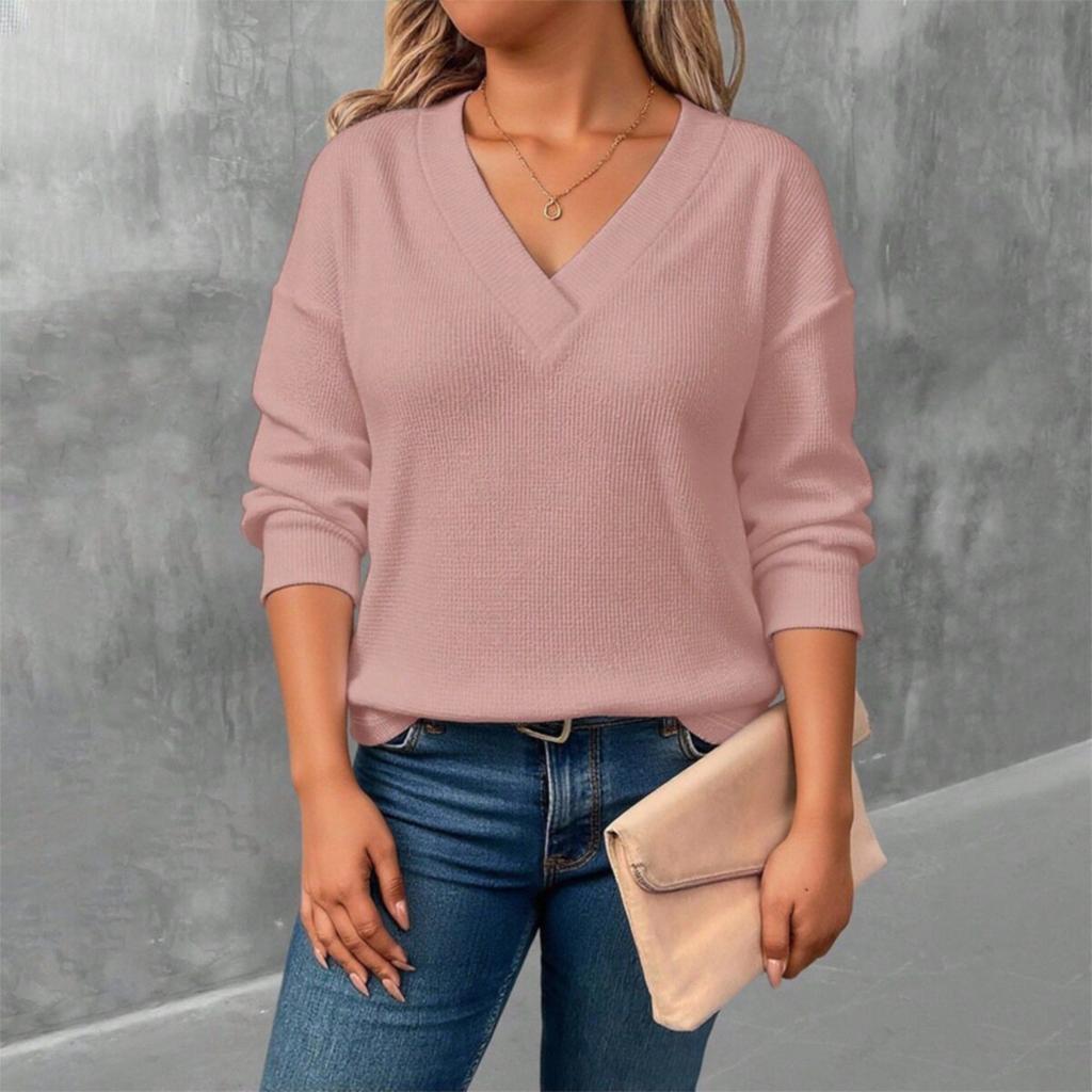 Women's Comfortable Loose Fashion Casual Solid Color V-Neck Long Sleeve Plus Size T-Shirt Top