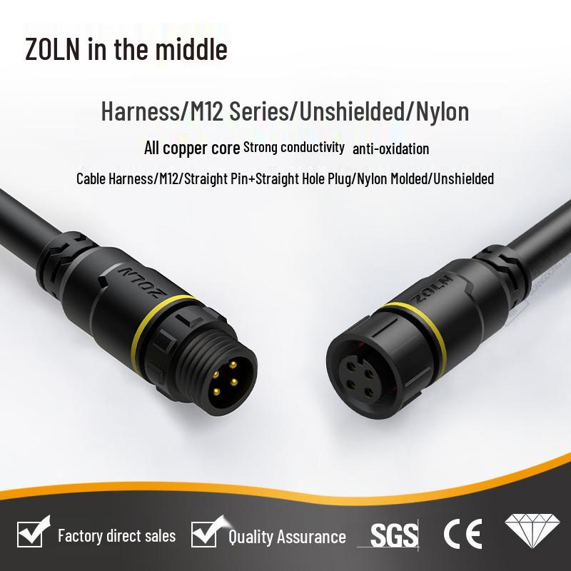 M12 Dual-Ended Overmolded Nylon Unshielded Straight Cable Harness with Solderless Sensor Connector and 12MM Aviation Plug.