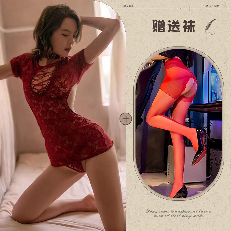 New sexy underwear women's lace temptation cheongsam sexy milk strap hollow short