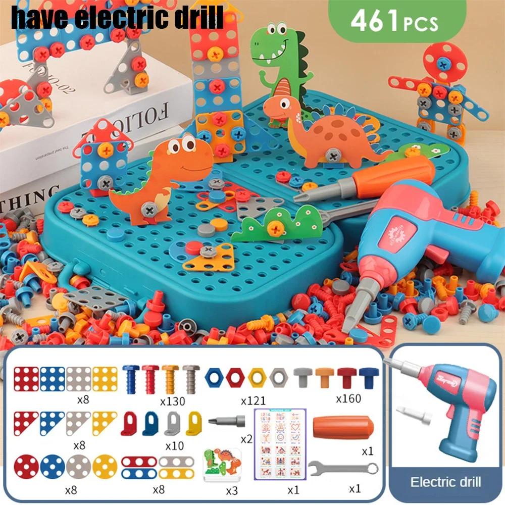 Ungiftige 3D-Puzzle-Spielzeuge Rollenspiel Werkzeugkasten Bohren Montage Lernspielzeug Kinderspielzeug Werkzeugkasten Elektrischer Bohrer Schraube Mutter