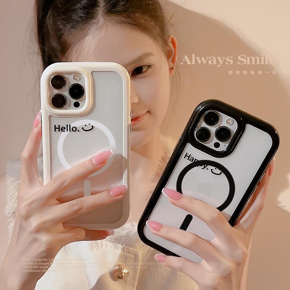 Suitable for 16ProMax phone case, 17 minimalist English smiley face, iPhone13 acrylic, 12 Apple, 11 magnetic suction, 16
