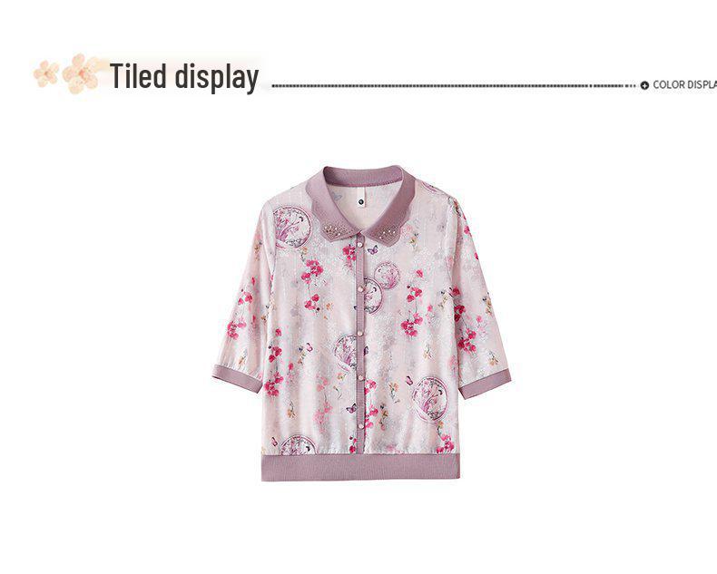 2026 Spring New Mother's Seven-Sleeve Ice Silk T-Shirt for Middle-Aged & Elderly Women - Spring/Summer Fashion Lapel Top
