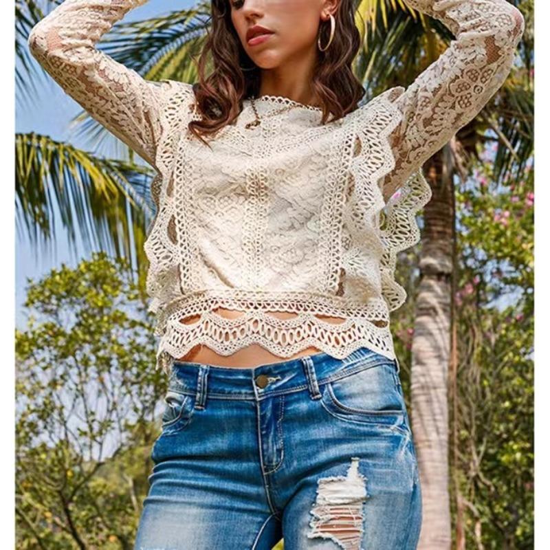 

Однотонная основа, сексуальная ажурная кружевная рубашка с длинными рукавами, женская кружевная блузка, женский топ M абрикосовый