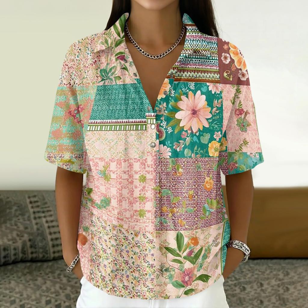 Women's Vintage Floral Print Button Down Shirt Short Sleeve Loose Fit Collared Top Made with Linen Blend Fabric Casual Summer Blouse
