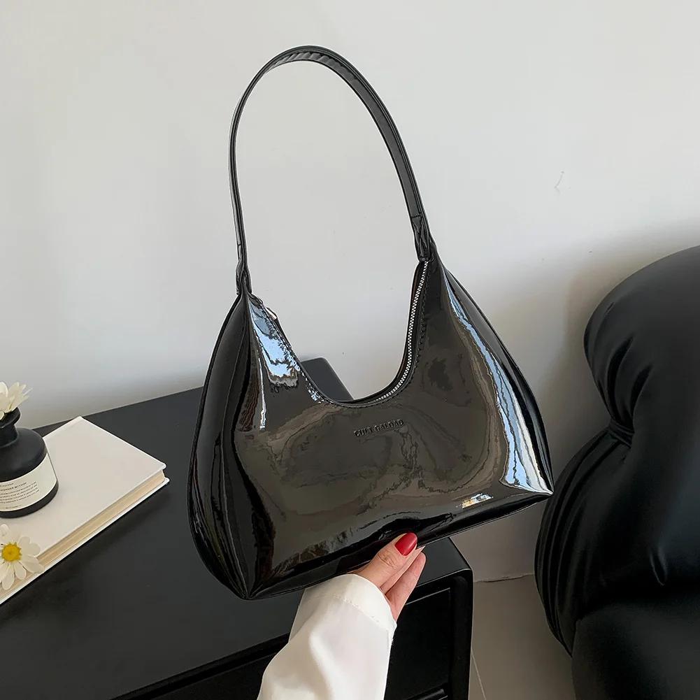 Luxury Patent Leather Women Crescent Bag Brand Shoulder Bag Retro Solid Armpit Purses Ladies Half Moon Bag High Quality Hobo Bag