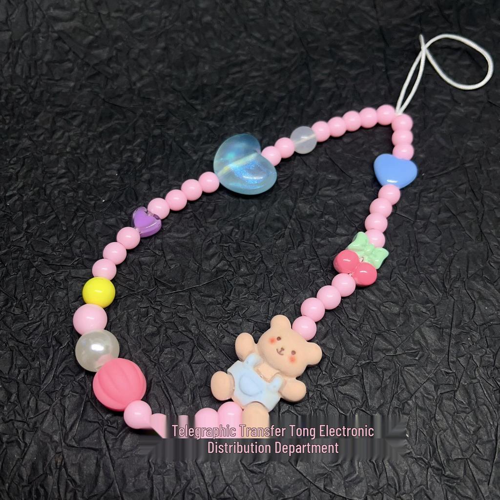 Little Bear Heart Pink Pearl Bracelet - Women's Fashionable Handbag & Phone Lanyard Ornament
