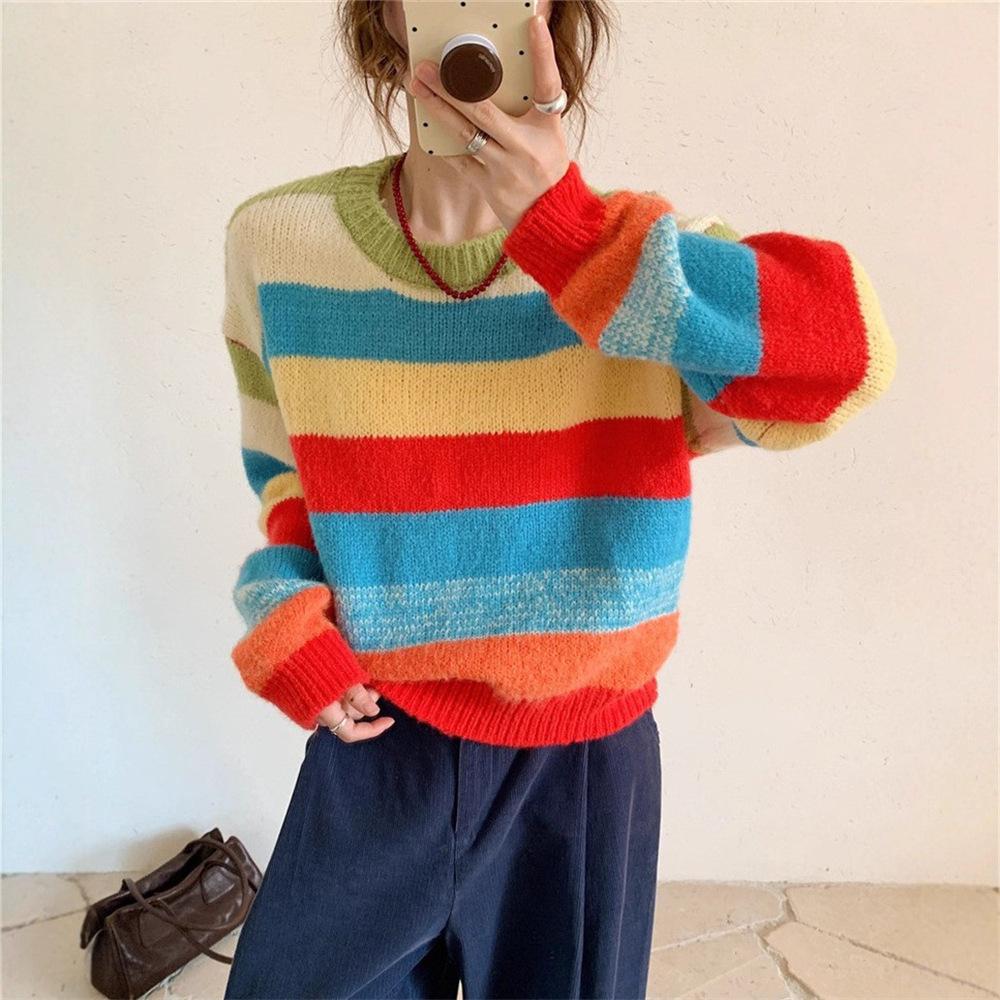 Color striped pullover sweater women's autumn and winter new lazy wind loose outer wear thickened knitted sweater top