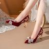 Embroidered Block Heel Single Shoes Women's Pointed Toe Shallow Mouth Pearl Bow Slip-On Pump Heels