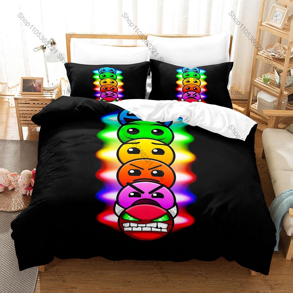 Angry Geometry Dash Angry Expression Cube Spike Neon Rhythm Game Print Duvet Cover + 2 Pillowcases Bright Color Microfiber