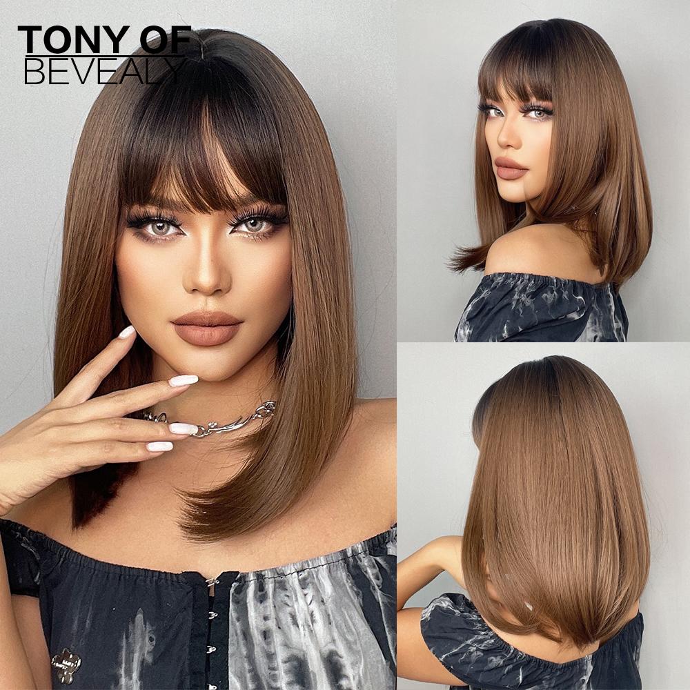 Medium Length Ombre Brown To Blonde Straight Hair Wigs with Bangs Synthetic Wigs for Women Cosplay Heat Resistant Natural Wigs