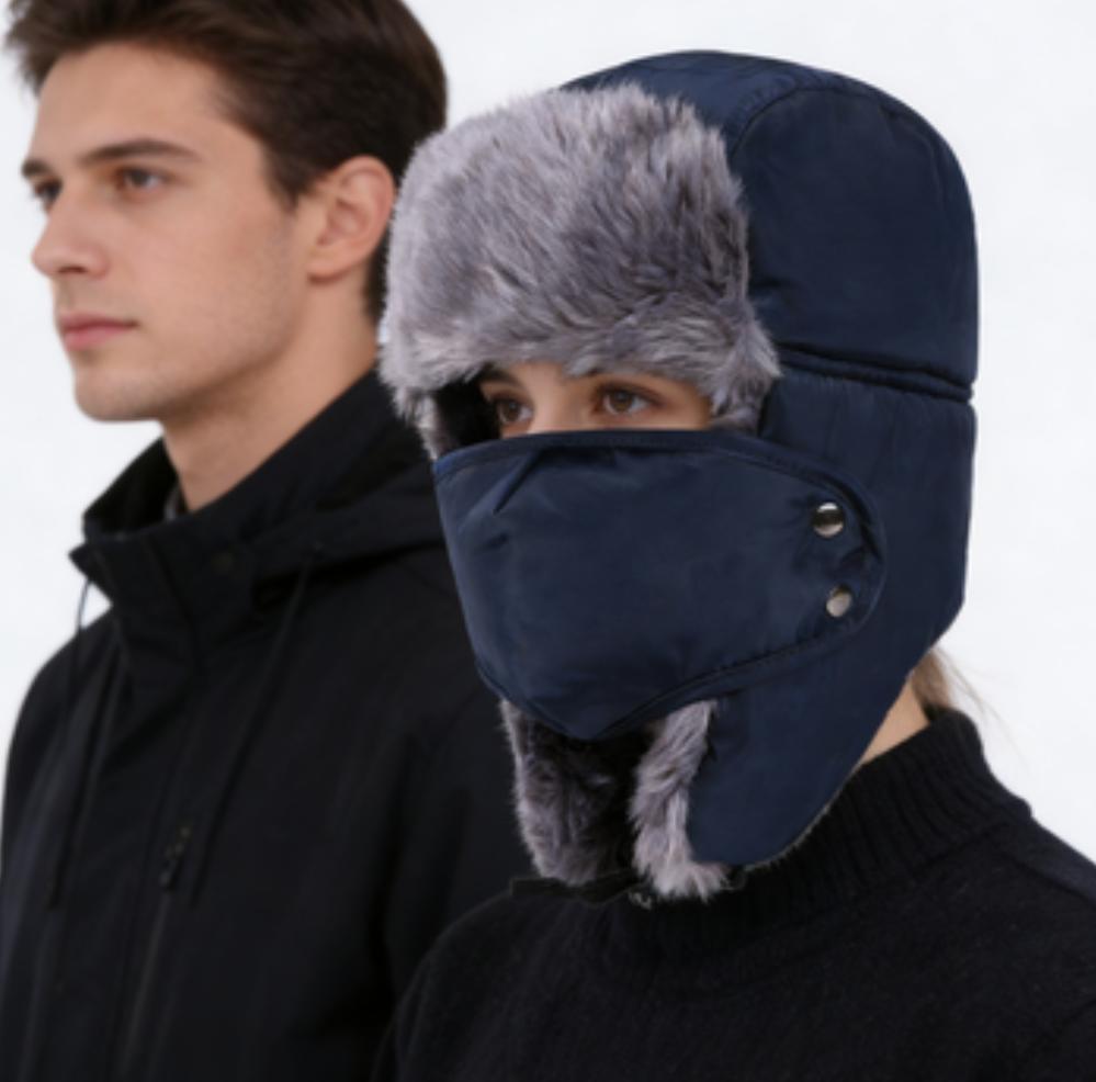 Unisex Warm Russian Troop Style Winter Aviator Bomber Hats with Fur Windproof Mask 100% Polyester Plush for Hunting Trapper