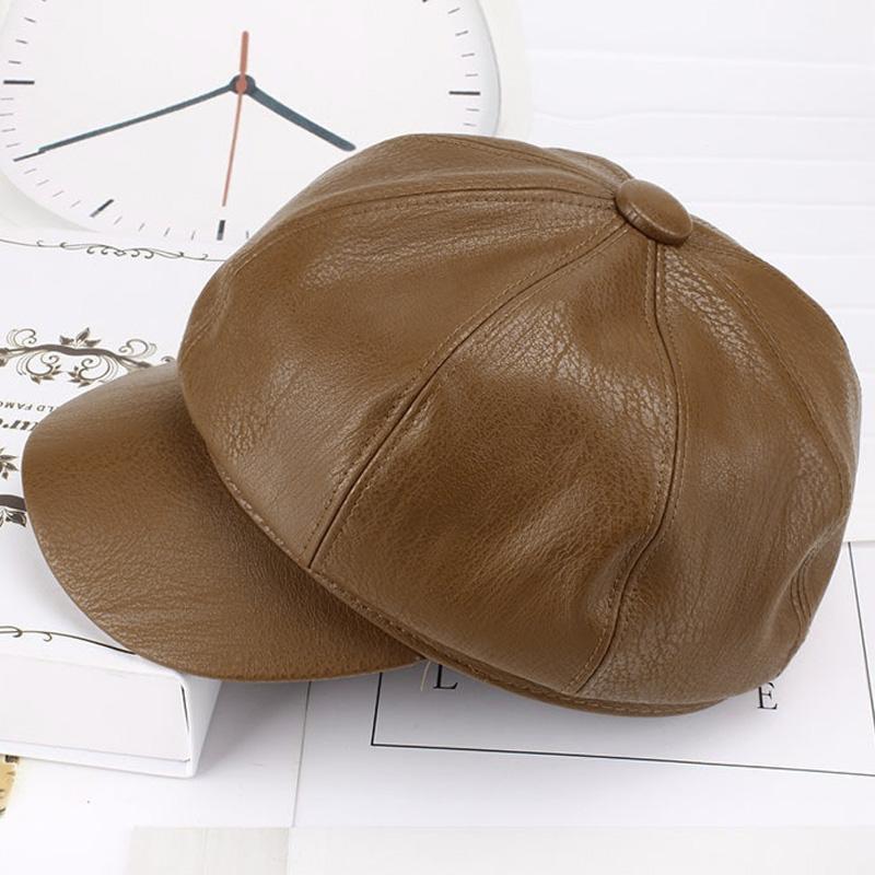 1PC PU Leather Winter Fall Peaked Caps Adjustable Painter Hat New Berets Women Hat Solid Color Beret Octagon Slimming Face