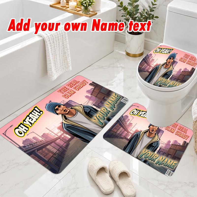 Personalized Eminem 3Pcs Flannel Toilet Mat Set Custom Text Bathroom Rug Non Slip