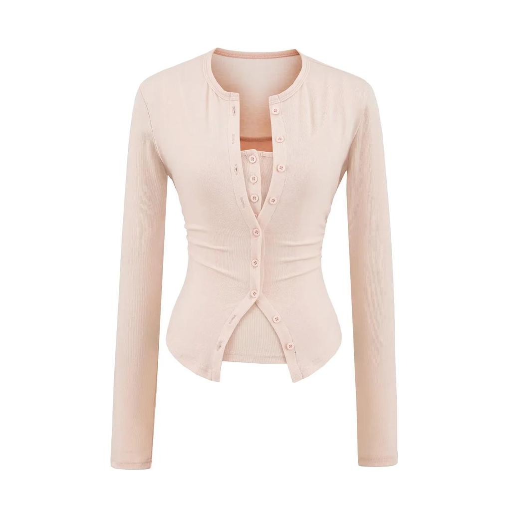 American Style Women's Waist-Cinched Button-Down Cardigan Vest and T-Shirt Two-Piece Set