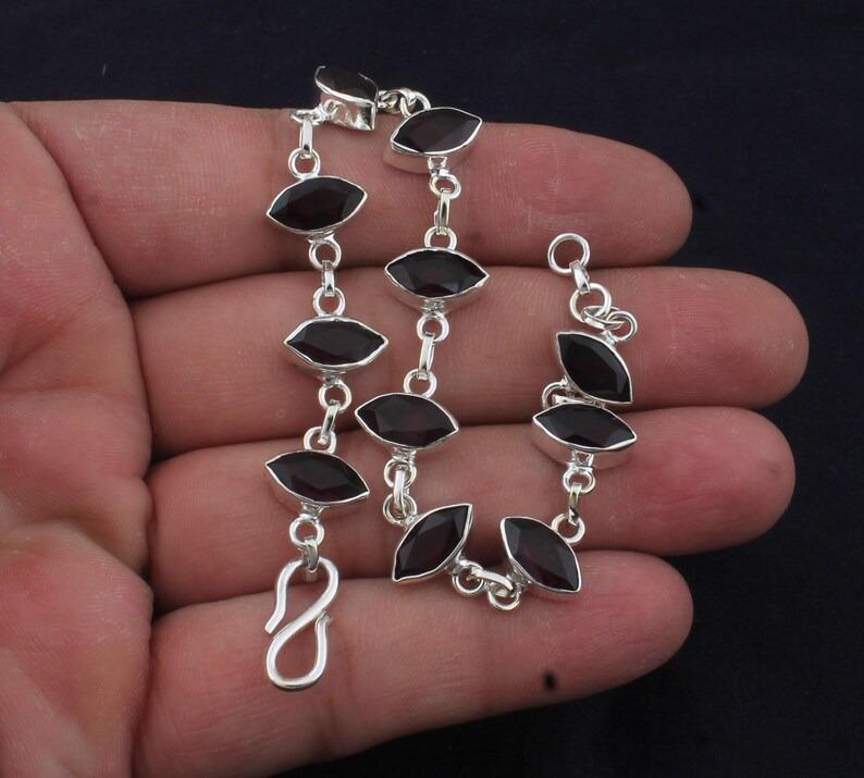 

Solid 925 Sterling Silver Garnet Gemstone Birthstone Gift Boho bracelet Handmade Jewelry 7.5 inch