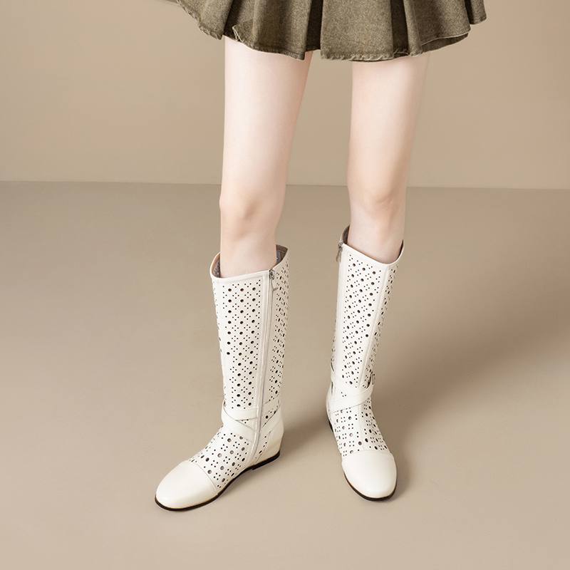 Krazing Pot Rindsspaltleder Runde Zehe Größe 43 Sommerstiefel Mode Ritterstiefel Hohle Verzierungen Herbststiefel Oberschenkelhohe Stiefel